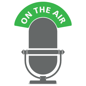 Landing page radio logo image of a grey microphone and green and white text of On the Air.
