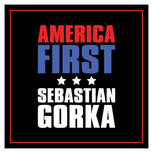 Black landing page image with the red, white, and blue America First Sebastian Gorka logo in the middle.