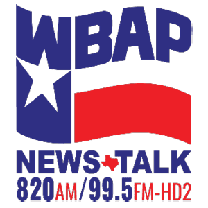 Red, white, and blue landing page image of the American flag with the WBAP News Talk logo incorporated into the flag.