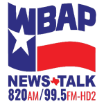 Red, white, and blue landing page image of the American flag with the WBAP News Talk logo incorporated into the flag.